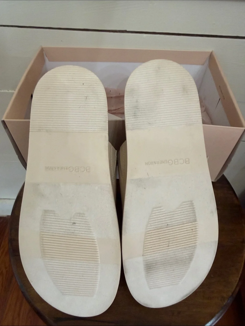 BCBGeneration Ivory Slide Sandals with Silver Buckles